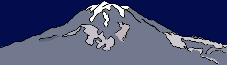A drawing of Mount Rainer with a dark blue sky. It has snow on the peaks as well as some spots of snow on the side of the mountain but most of the mountain side is gray